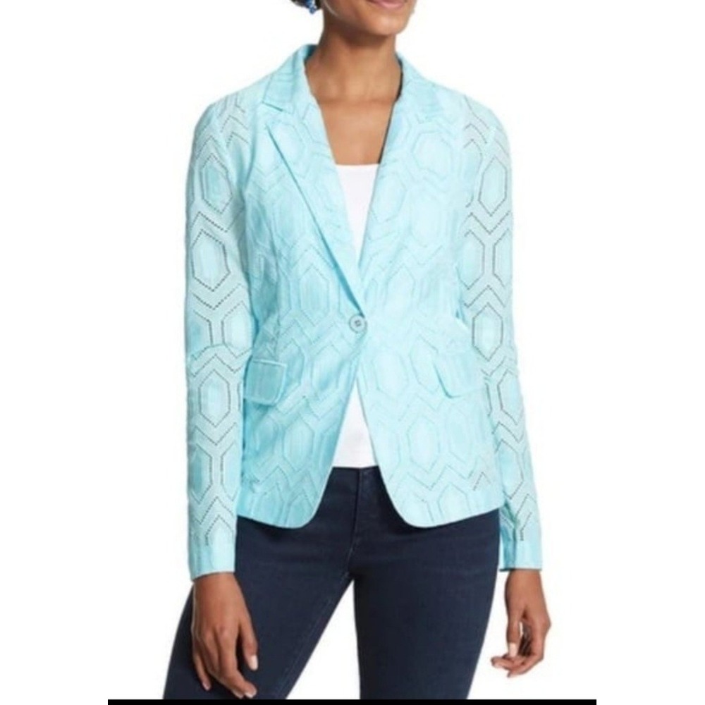 Chico's Auqa Celebration Eyelet‎ Geometric Blazer Women Size M/12 Ribbed Back